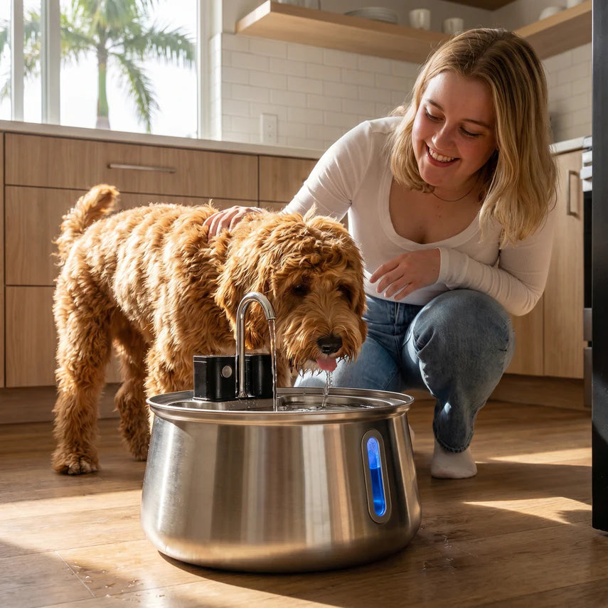 Dog owner with Selene fountain