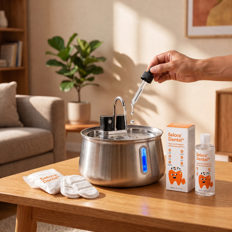 Gotas de Selora Dental Boost añadidas a la fuente de agua para perros